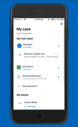 Photo of Clio for clients on a cell phone with text in English.